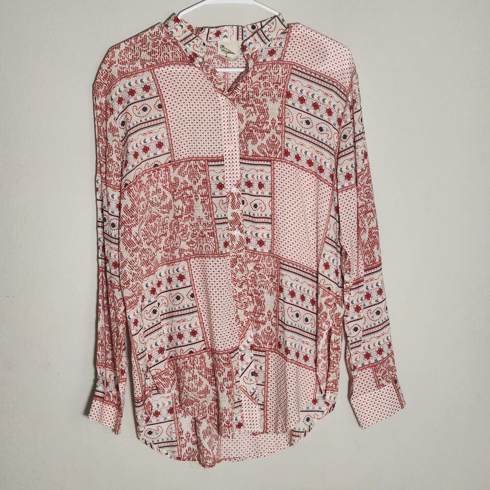 Boho Patchwork‎ Print Blouse Womens M Red White Button Front Rayon Shirt